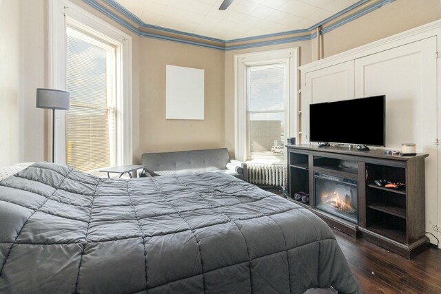 bedroom featuring a glass covered fireplace, radiator heating unit, dark wood-type flooring, and ornamental molding