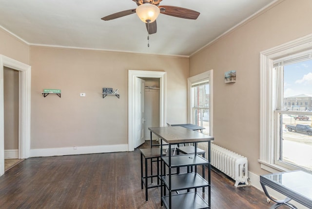 dining space with a healthy amount of sunlight, dark wood finished floors, radiator heating unit, and crown molding