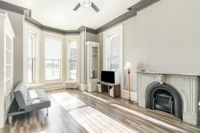 sitting room with radiator, baseboards, ornamental molding, a fireplace, and wood finished floors