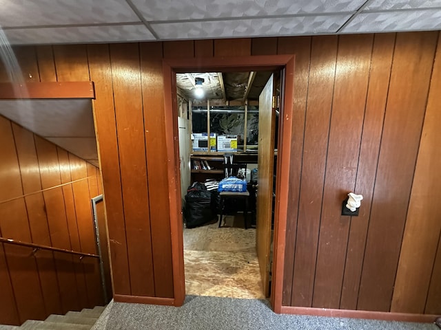 interior space featuring wood walls and carpet floors