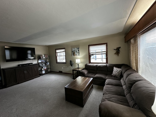 carpeted living area featuring baseboards