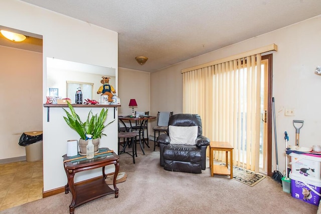 living area with baseboards, carpet floors, and a textured ceiling