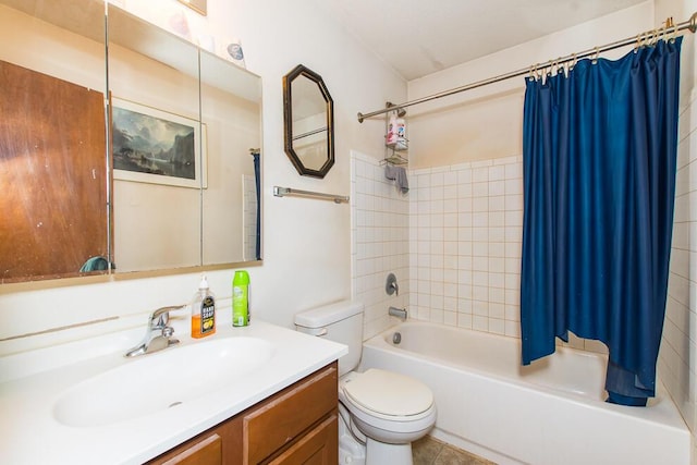 full bathroom featuring toilet, vanity, and shower / bath combination with curtain