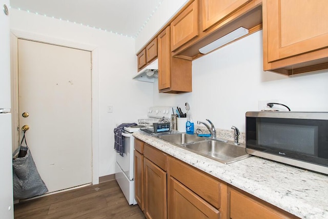 kitchen featuring electric range, a sink, stainless steel microwave, dark wood-style floors, and light countertops