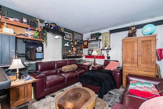 living room with a textured ceiling