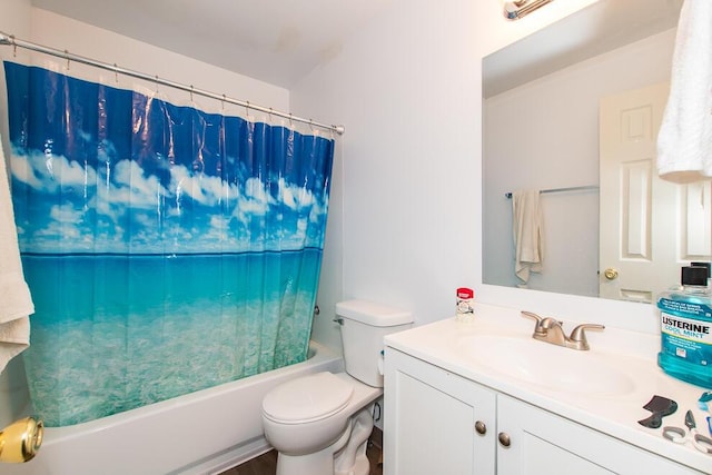 full bath featuring vanity, toilet, and shower / bathtub combination with curtain