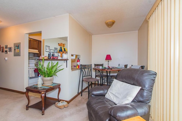 living area with baseboards, carpet floors, and a textured ceiling