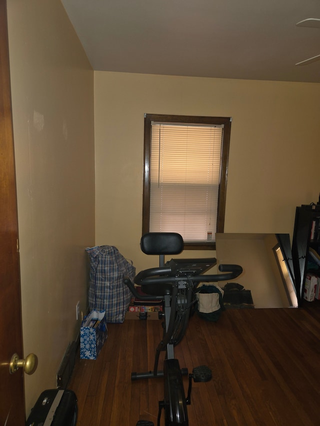 home office with hardwood / wood-style flooring