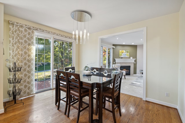 dining area with baseboards, a healthy amount of sunlight, wood finished floors, and a fireplace