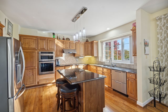 kitchen featuring a sink, light wood-style flooring, under cabinet range hood, and stainless steel appliances