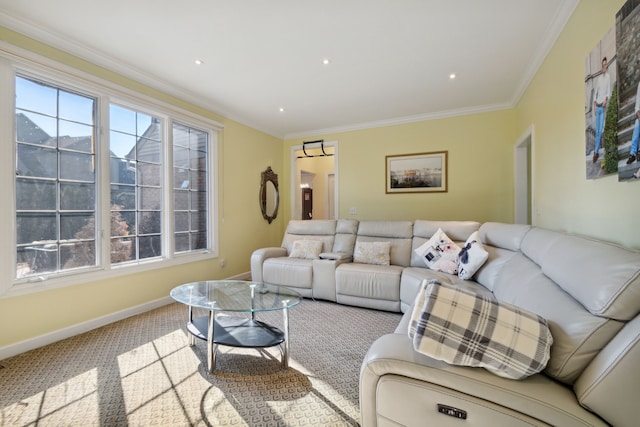 living room with carpet flooring, a healthy amount of sunlight, baseboards, and ornamental molding