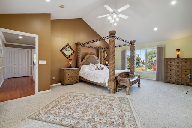 carpeted bedroom featuring recessed lighting, baseboards, high vaulted ceiling, and a ceiling fan