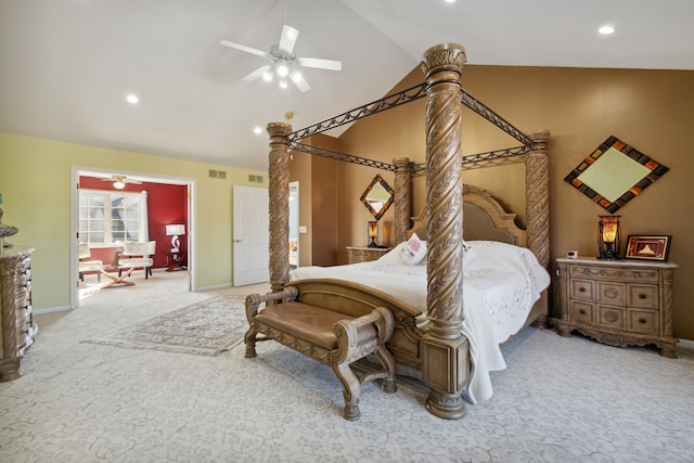 bedroom with carpet, visible vents, baseboards, lofted ceiling, and recessed lighting