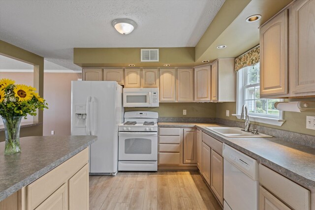 kitchen with visible vents, light brown cabinetry, light wood-style floors, white appliances, and a sink