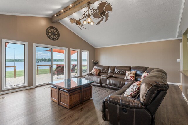 living room featuring baseboards, lofted ceiling with beams, dark wood-style flooring, a water view, and a notable chandelier