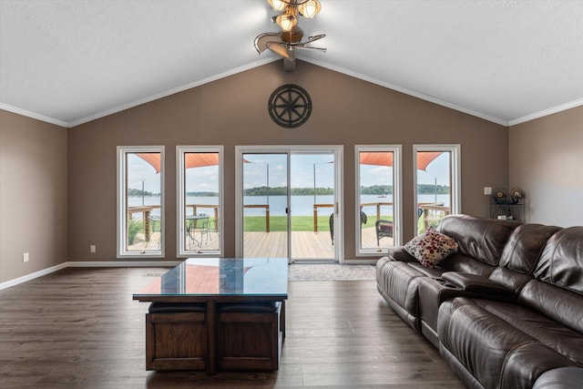 living area featuring baseboards, lofted ceiling, dark wood-style flooring, a water view, and crown molding