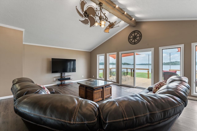 living area with vaulted ceiling with beams, dark wood-style floors, and baseboards