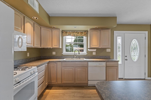 kitchen with visible vents, light brown cabinetry, light wood-style floors, white appliances, and a sink