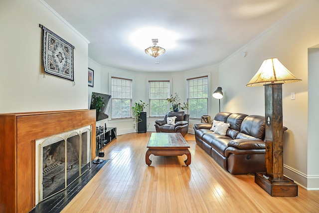 living area featuring ornamental molding, a fireplace, baseboards, and hardwood / wood-style flooring