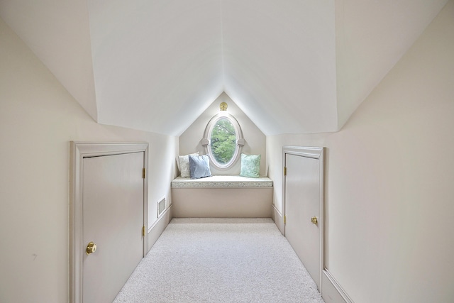 additional living space featuring visible vents, lofted ceiling, and carpet flooring