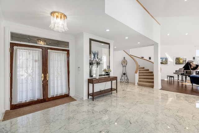 1265 Water Cliff Dr, Bloomfield Hills, MI 48302 - foyer featuring stairway, marble tiled floors, ornamental molding, a chandelier, and recessed lighting