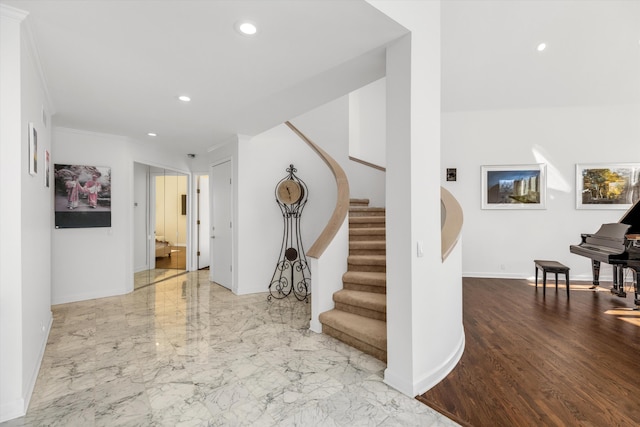 1265 Water Cliff Dr, Bloomfield Hills, MI 48302 - entrance foyer featuring recessed lighting, stairs, and crown molding