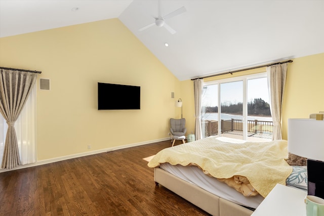 1265 Water Cliff Dr, Bloomfield Hills, MI 48302 - bedroom featuring access to outside, high vaulted ceiling, wood finished floors, and a ceiling fan