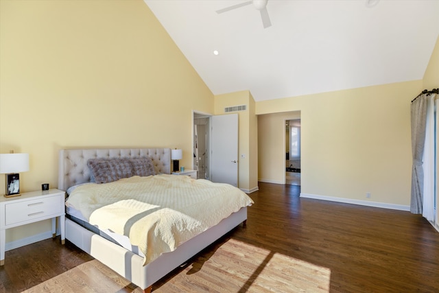 1265 Water Cliff Dr, Bloomfield Hills, MI 48302 - bedroom featuring high vaulted ceiling, dark wood-type flooring, and ceiling fan