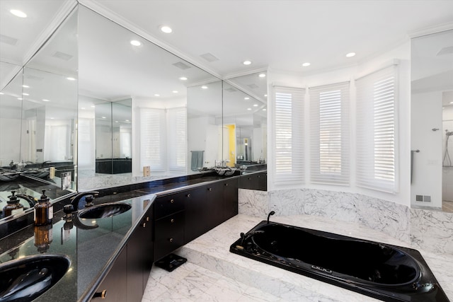 1265 Water Cliff Dr, Bloomfield Hills, MI 48302 - bathroom with marble tiled flooring, a bath, vanity, recessed lighting, and ornamental molding
