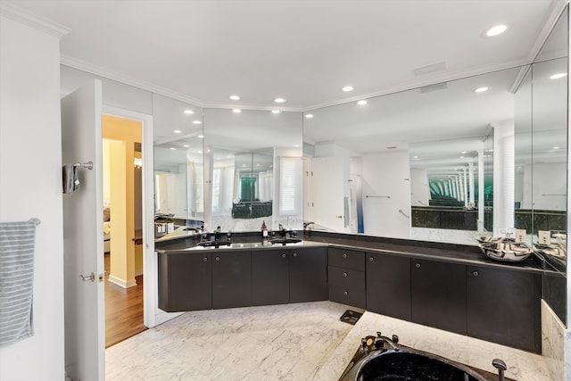 1265 Water Cliff Dr, Bloomfield Hills, MI 48302 - bathroom featuring ornamental molding, vanity, recessed lighting, and marble finish floors