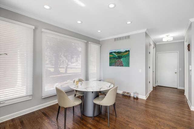 1265 Water Cliff Dr, Bloomfield Hills, MI 48302 - dining space with dark wood-type flooring, plenty of natural light, ornamental molding, and recessed lighting