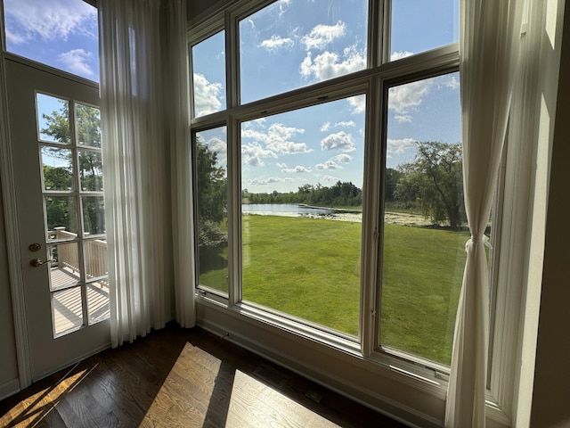 1265 Water Cliff Dr, Bloomfield Hills, MI 48302 - doorway to outside featuring a water view and dark wood-type flooring