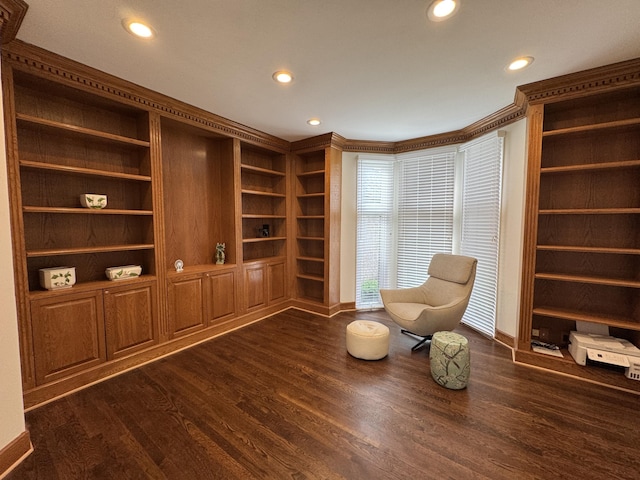 1265 Water Cliff Dr, Bloomfield Hills, MI 48302 - sitting room with recessed lighting, dark wood finished floors, crown molding, and built in shelves