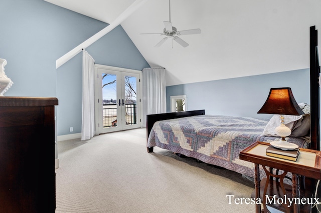 carpeted bedroom with a ceiling fan, access to exterior, french doors, and vaulted ceiling