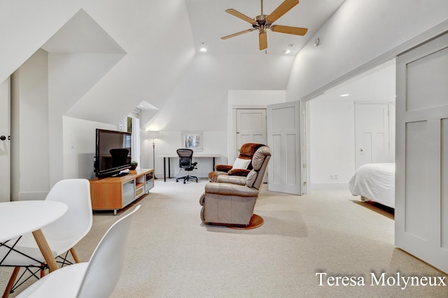 living room with recessed lighting, light carpet, and high vaulted ceiling