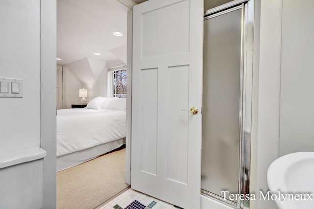 bedroom featuring recessed lighting and lofted ceiling