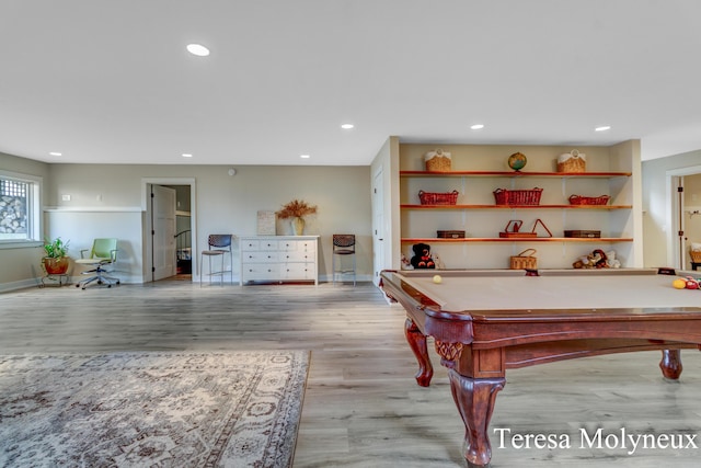 recreation room featuring pool table, recessed lighting, light wood-style floors, and baseboards