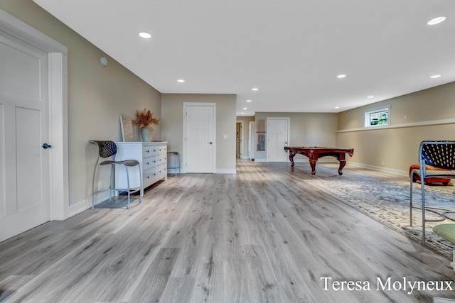 recreation room featuring recessed lighting, baseboards, wood finished floors, and pool table