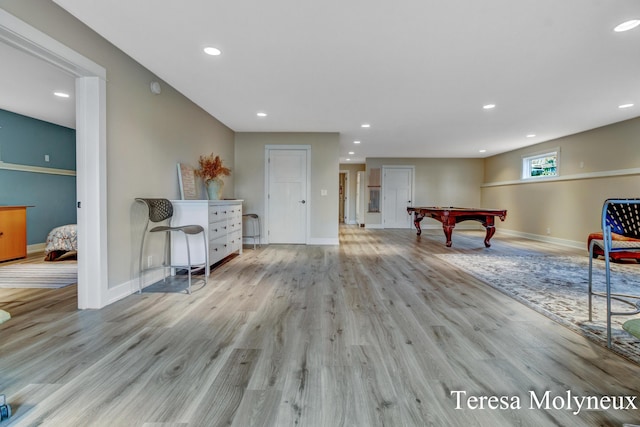 playroom featuring recessed lighting, billiards, and wood finished floors