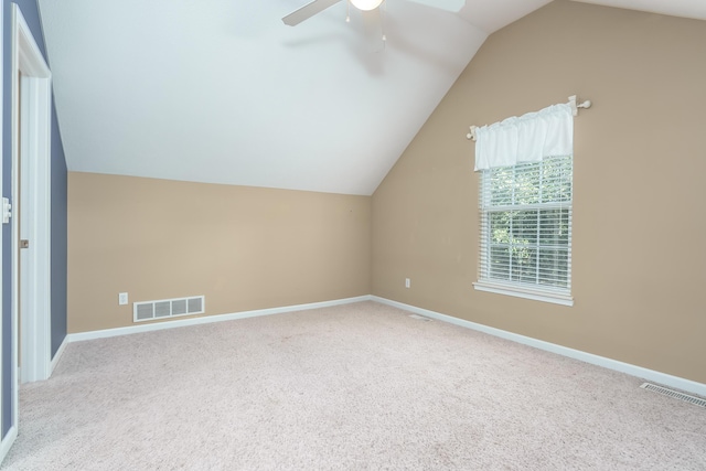 additional living space featuring lofted ceiling, carpet, visible vents, and baseboards