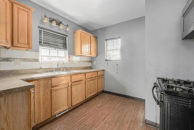 kitchen with baseboards, black gas range, decorative backsplash, wood finished floors, and a sink