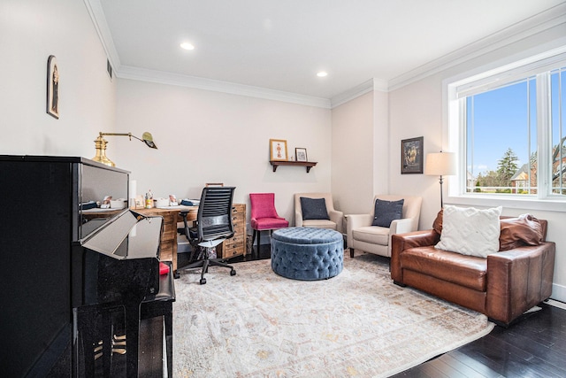office area featuring recessed lighting, ornamental molding, visible vents, and hardwood / wood-style floors