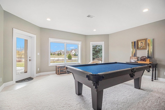 playroom with billiards, baseboards, recessed lighting, and visible vents