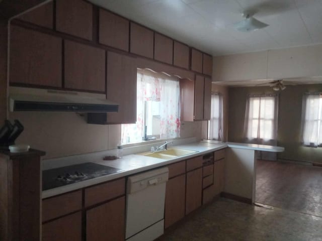 kitchen with under cabinet range hood, a peninsula, black stovetop, dishwasher, and a healthy amount of sunlight