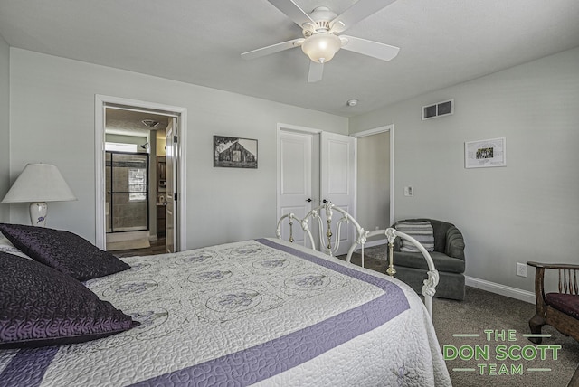 bedroom with visible vents, ceiling fan, baseboards, and carpet