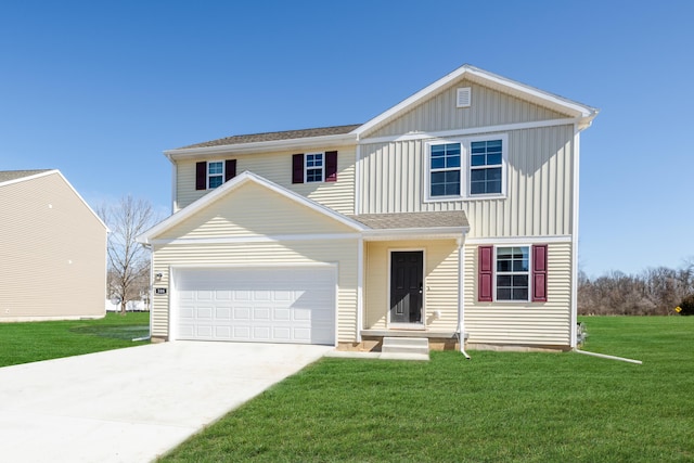 traditional-style house with a garage, driveway, board and batten siding, and a front lawn