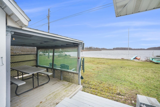 deck with a lawn and a water view