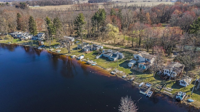 birds eye view of property featuring a residential view, a water view, and a wooded view