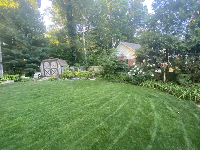 view of yard featuring an outbuilding, a storage shed, and fence