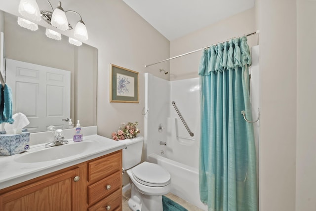 full bathroom with vanity, shower / tub combo, and toilet